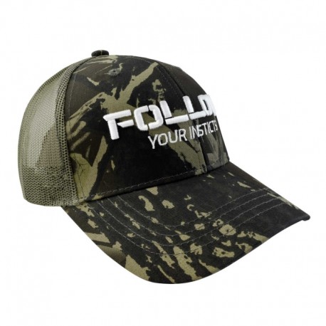 Gorra con malla y ajustador, follow your instincts, verde camuflaje