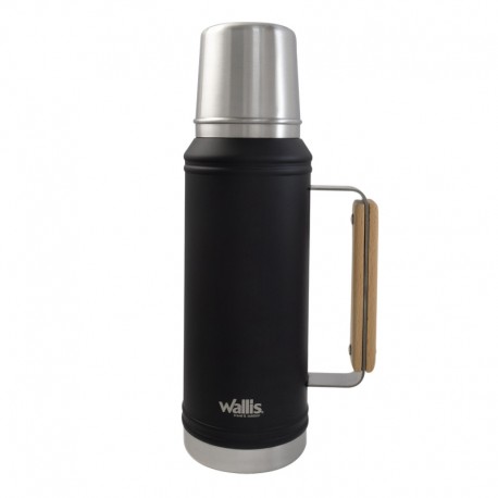 Termo de acero inoxidable, 1100 ml, negro mate con detalles en madera